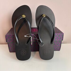 Tory Burch Platform Wedge Flip Flops with Gold Logo Size 8 Black NIB